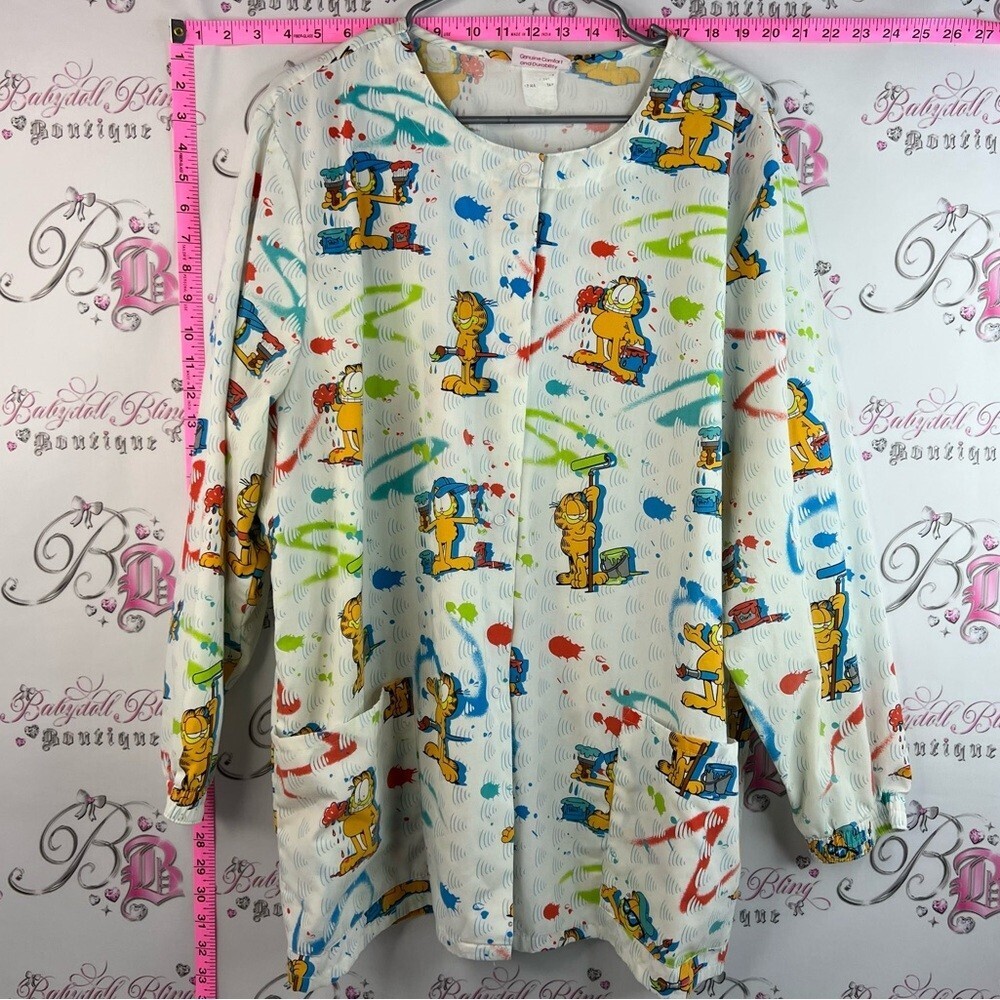 Cherokee scrubs top vintage painting White Garfield Print Button Front Cardigan